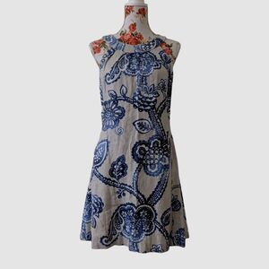 McLaughlin Sz 4 Edie Halter Mini Dress Linen Lined Pockets Sleeveless 60s Mod